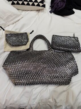 Naghedi Woven Metallic Tote Bag in Gunmetal Large Women Bags EUC Intrecciato